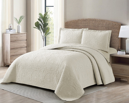 Imagen 2 de 8 de Cubrecama Algodón Jacquard Importado + Funda - Twin Natural