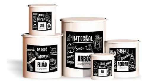Kit 5 Potes De Mantimentos Plástico Decorado Preto Pb Frases Cor Conjunto 5 Branco Pb Frases