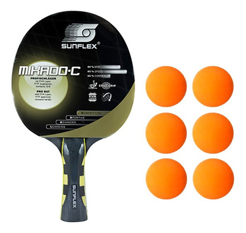 Paleta Ping Pong Mikado C Sunflex Ittf Ergo Grip + 3 Balls