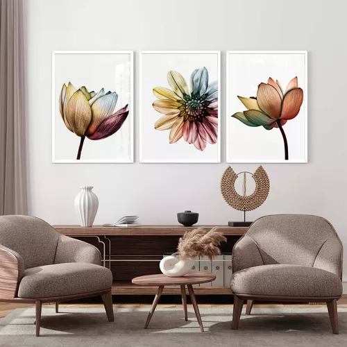 Trio Quadro Decorativo Sala Quarto Flores Abstrato Colorido