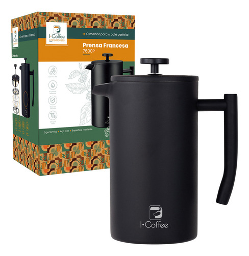 Icoffee Prensa Francesa 700ml De Aço Inoxidável Com Três Telas De Filtro Cor Preto