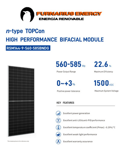 Panel Solar Risen 585wp Modulo Bifacial 144 Celdas Negro 52.37v 1500v