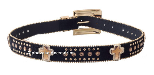 Imagem 3 de 4 de Cinto Feminino Preto Country Fivela Ponteira Passador Strass