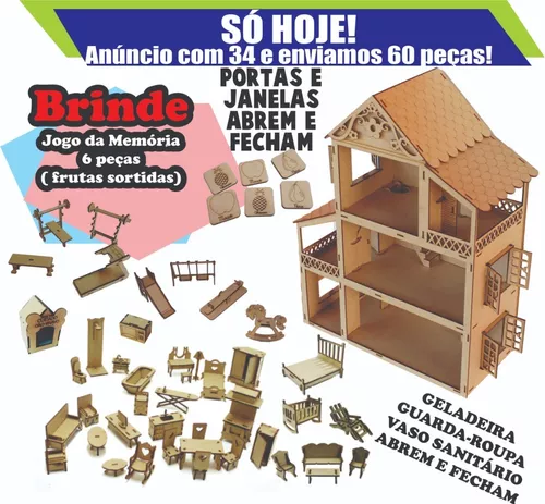 Casa De 60 Cm P/ Bonecas Com 44 Móveis + Nome Da Criança