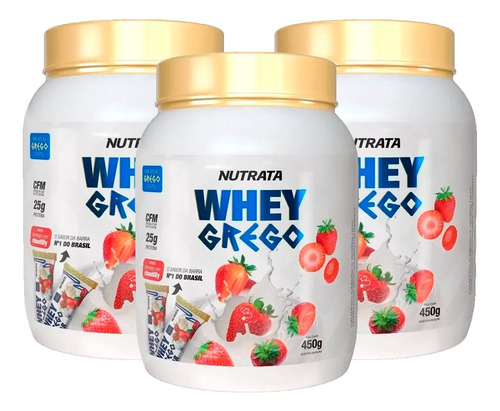 3x Whey Grego 450gr - Nutrata Sabor Morango Com Chantily