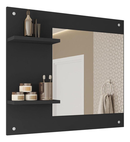 Painel Espelho Multifuncional Banheiro Preto Towel Caemmun