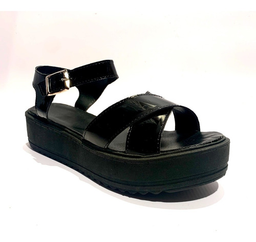 Sandalias Mujer Plataforma Chata Cuero Charol Negro