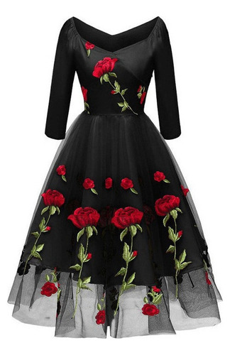 Vestido De Señoras De Rosa Bordado De Malla Negro