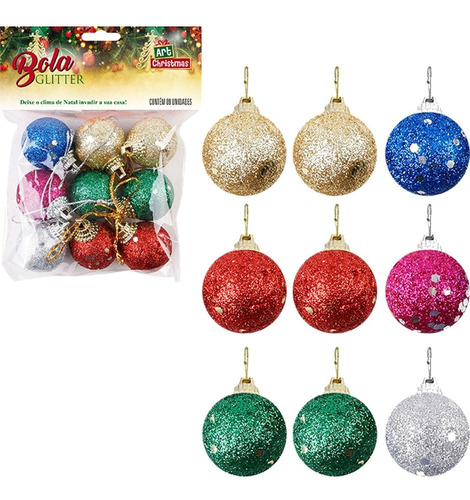 Kit 9 Bolas Natal Enfeite Árvore Natalina Glitter Coloridas