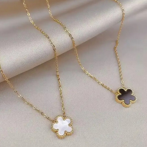 Collar Cadena Trébol 5 Hojas Oro 15 K Suerte Y Distincion Dorado Y Blanco