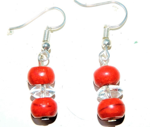 2 Aretes Piedra Natural  Coral  Y Cuarzo Natural