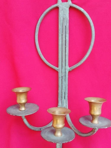 Hermoso Candelabro Antiguo De Fierro Y Bronce