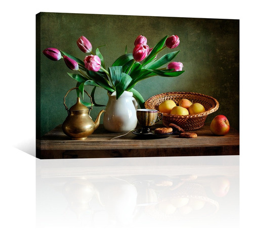 Cuadro Decorativo Bodegones Canvas Tulipanes Con Manzanas