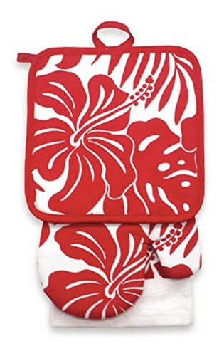 Toalla Cocina 3 Pieza Diseño Floral Rojo