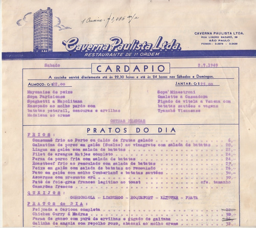 1949 Menu Del Restaurante Caverna Paulista Sao Paulo Brasil