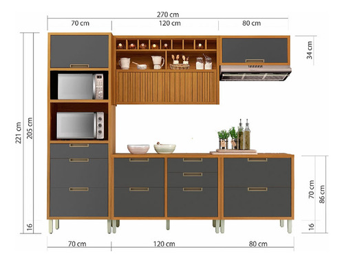 Cozinha Modulada 5 Peças Ripado Nesher Imperatriz Mdf Cor Freijo com Grafite