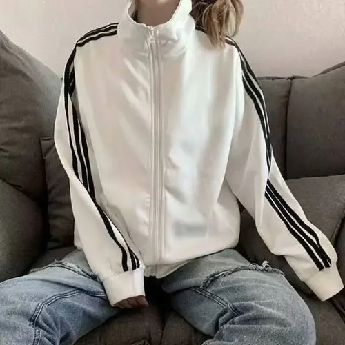 Chaqueta Con Cremallera A Rayas Para Mujer, Estilo Coreano, Corte Holgado
