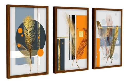 Quadro Decorativo Sala Geométrico Abstrato Cinza Laranja