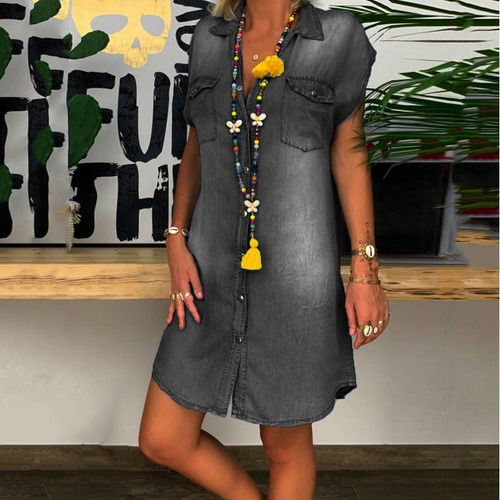 Vestido Camisero De Color Sólido De Mezclilla Para Mujer Mod