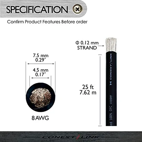Cable De Poder Bat 25ft 8awg Ofc Cobre Negro Conext Link