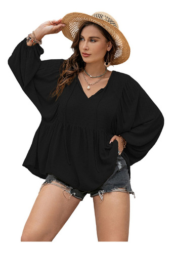 Blusa Casual De Manga Larga Con Cuello En V Para Dama