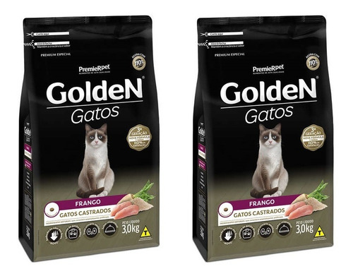 Ração Golden Gatos Adultos Castrados Frango 3kg Kit 2 Unid.