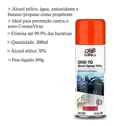 Kit 10 Álcool Spray 70% Antisséptico Bactericida 300ml