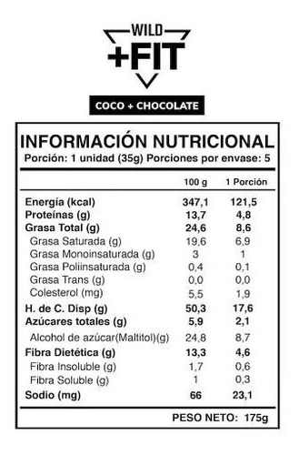 Imagen 2 de 2 de Wild Fit Coco Chocolate - 15 Unidades Keto - Wild Foods