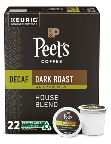Cafe Peet's Keurig Pods, Decaf Dark Roast, House Blend, 22ct
