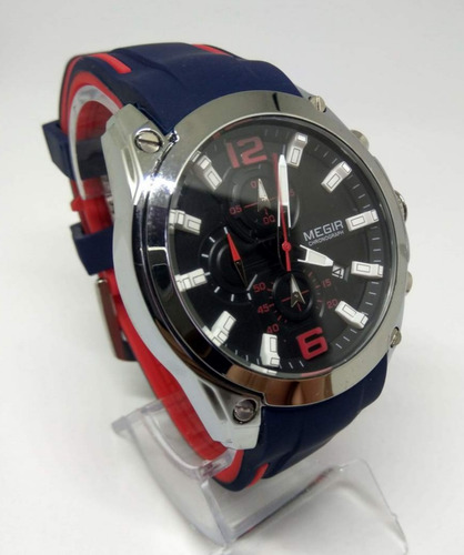 Reloj de pulsera deportivo casual M2063g-2 de Megir con cuerpo plateado, para hombre, fondo, ver imágenes, color azul, color del bisel, ver fotos