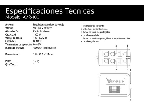 Imagen 7 de 7 de Regulador de voltaje Vorago AVR-100 1000VA entrada y salida de 120V CA negro