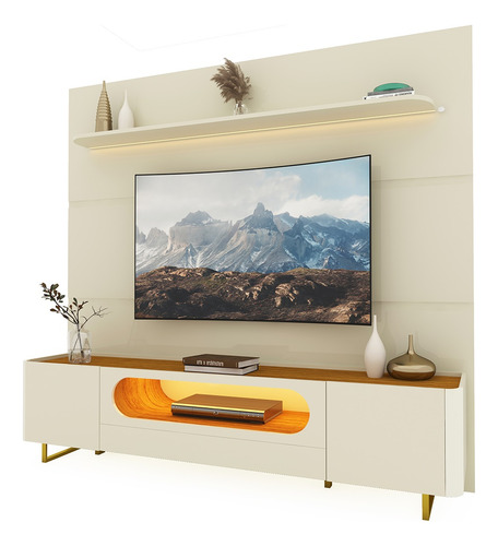 Painel E Rack Led Pés Ferro Royal Nobre Off Wh Nature Gelius