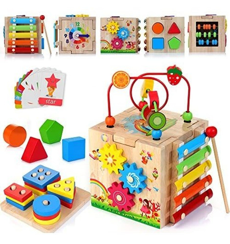 Hellowood Wooden Kids Baby Activity Cube, 8-in-1 Toys 7bq4k