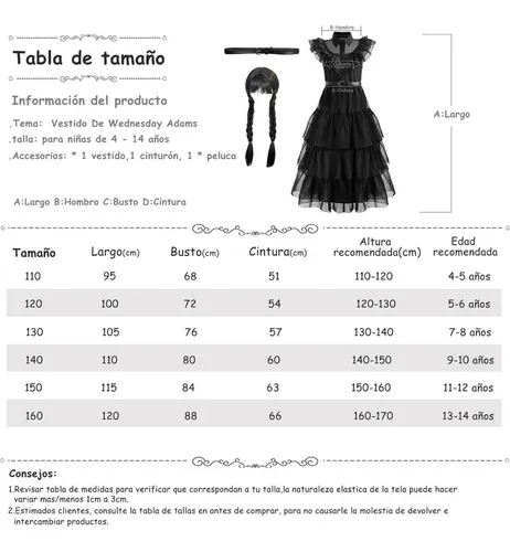 . Vestido De Wednesday Addams Disfraz Negro Cosplay Baile Escolar Trajes Chicas Fiesta Halloween