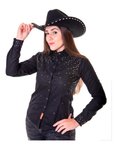 Camisa Country Feminina Velho Oeste Night Preta Com Brilho