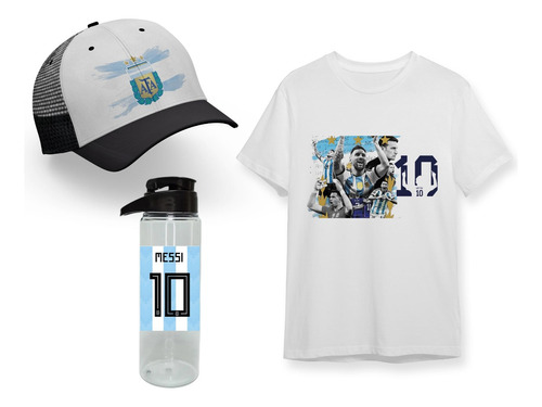 Pack Negro Remera + Botella + Gorra Argentina Campeon 