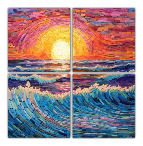 60x60cm Cuadro Mosaico Atardecer Océano Vibrante Flores