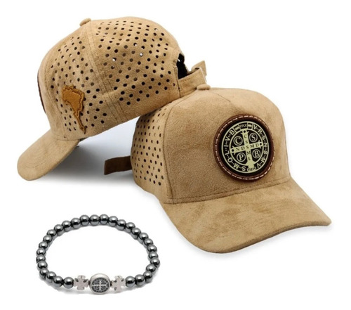 Boné Cruz São Bento Trucker Couro Camurça + Pulseira Pedras