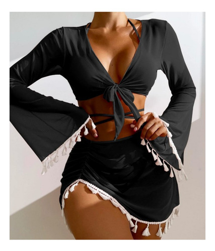 Traje De Baño Bikini Minifalda De Malla De Cuatro Piezas
