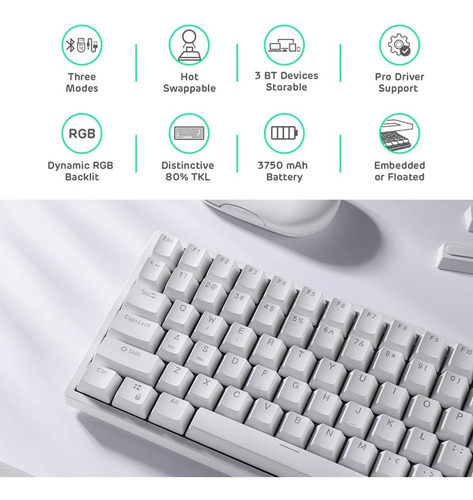 Imagen 2 de 10 de Teclado Inalambrico Blanco Rgb Royal Kludge Rk84 Tkl Brown S
