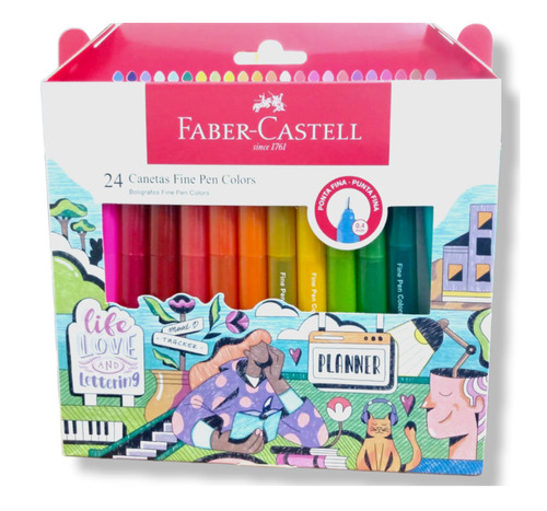 Caneta Fine Pen 24 Cores 0.4 Faber Castell Tinta Vermelho