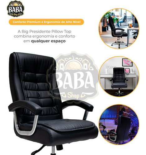 Cadeira Ergonômica de Escritório Presidente Executiva Big Com 42 Molas Ensacadas, Pillow Top no Assento e Encosto, Sistema Relax Com Trava, Suporta até 150kg Preta