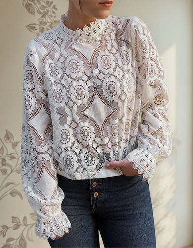 Blusa Transparente De Encaje Con Cuello Alto Y Manga Larga P