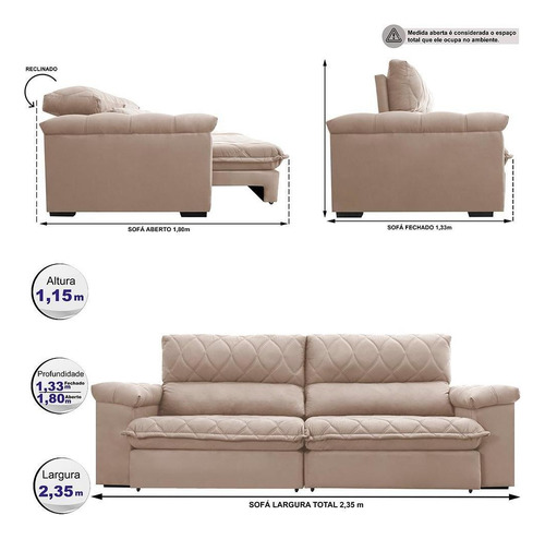 Sofá Retrátil Reclinável 2,35m Cama Inbox Big Home. Velusoft Cor Bege