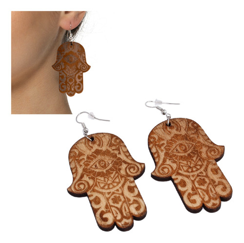 Aros Mujer Largos Aros Artesanales Aritos Hamsa Madera Café