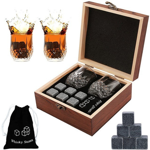 Set Wisky Dos Vasos + Rocas Hielo + Pinzas + Estuche Madera