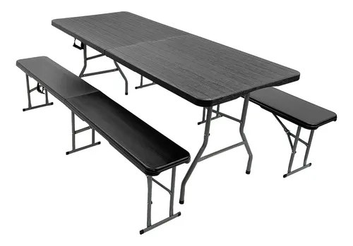 Mesa Plegable Picnic 180cm + 2 Bancos Plegables Garden Life Negro