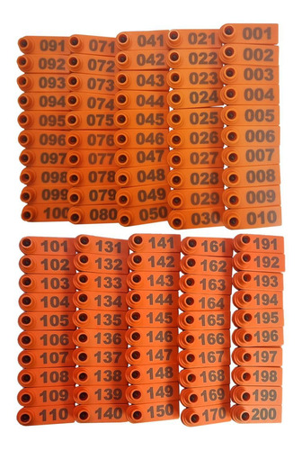 Kit 200 Brincos Bovinos Para Gado Numerado 0 A 200 Laranja