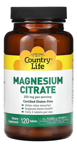 Country Life Citrato De Magnesio 250 Mg 120 Tabletas Sabor Sin Sabor