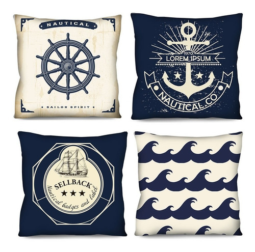 Imagem 1 de 6 de Kit 4 Capas De Almofada Azul Náutica Praia Mar 42x42cm